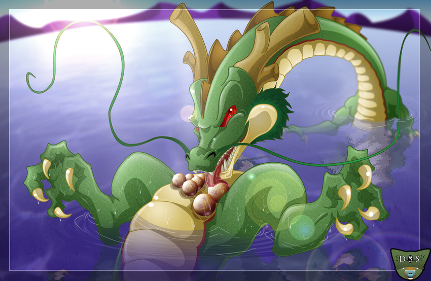 antlers ball balls beard chinese_dragon claws darkly-shaded-shadow dragon dragon_ball drooling facial_hair fangs green_dragon hi_res horn licking long_neck looking_at_viewer male nude orb orbs red_eyes saliva scalie sharp_teeth shenlong shenron solo sphere spheres spread_legs spreading star stars suggestive teeth tongue water wet whiskers