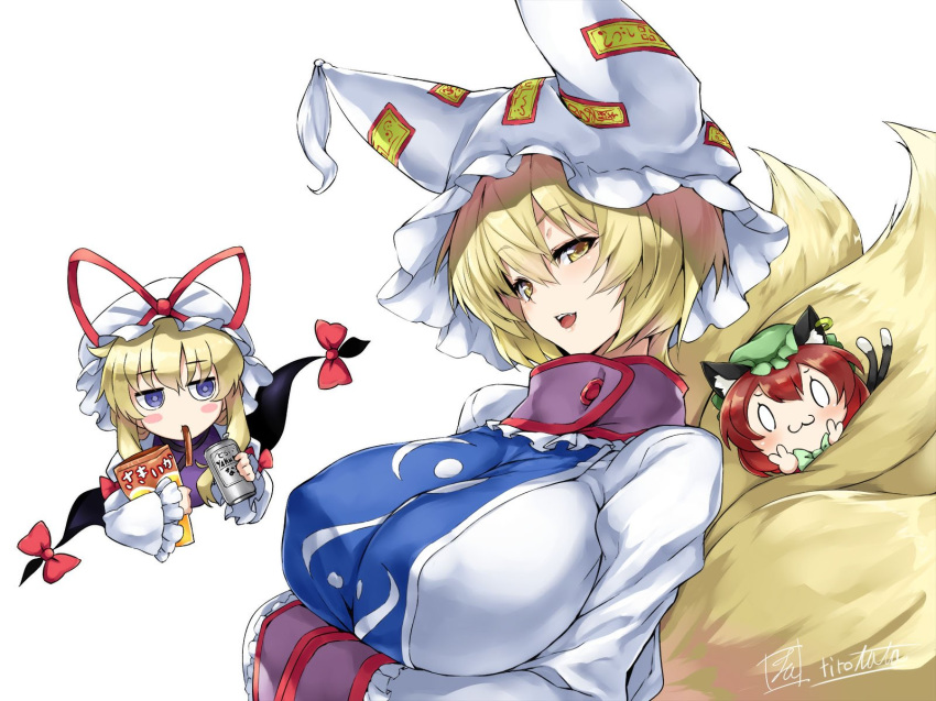3girls :3 :d animal_ear_fluff animal_ears artist_name bangs blonde_hair blush blush_stickers bow breast_hold breasts can cat_ears cat_tail chen chibi commentary_request covered_nipples double_v dress eyebrows_visible_through_hair food food_in_mouth frilled_shirt_collar frilled_sleeves frills gap green_hat hair_between_eyes hat hat_ribbon highres holding holding_can holding_food huge_breasts long_sleeves looking_at_another looking_at_viewer mob_cap multiple_girls multiple_tails nekomata open_mouth pillow_hat purple_eyes red_bow red_ribbon ribbon sidelocks signature simple_background smile tabard tail tirotata touhou translation_request two_tails upper_body v white_background white_dress white_hat wide_sleeves yakumo_ran yakumo_yukari yellow_eyes