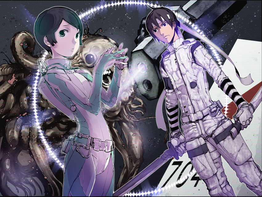 alien androgynous bandana battle black_hair blood bodysuit damaged gauna giant_monster highres injury jewelry katana looking_at_viewer mecha monster morito_(sidonia_no_kishi) ring scabbard science_fiction sheath shinatose_izana short_hair sidonia_(ship) sidonia_no_kishi space spoilers stregoicavar sword tanikaze_nagate teeth tentacles weapon