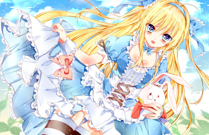 alice_(wonderland) alice_in_wonderland bariko blonde_hair blue_eyes blush dress long_hair thighhighs