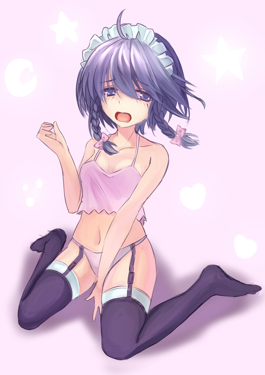 arm_support bad_id bad_pixiv_id bare_shoulders between_legs black_legwear braid camisole collarbone crop_top garter_straps hair_ribbon hand_between_legs highres izayoi_sakuya kneeling looking_at_viewer maid_headdress open_mouth panties pink_panties ribbon solo thighhighs touhou tress_ribbon twin_braids underwear underwear_only youxuemingdie