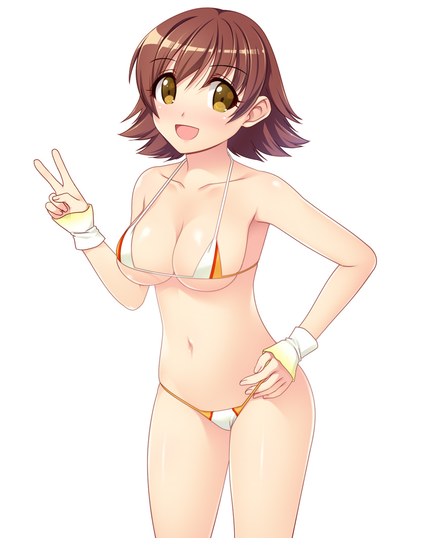 bikini breasts brown_eyes brown_hair cleavage hand_on_hip highres honda_mio idolmaster idolmaster_cinderella_girls large_breasts looking_at_viewer navel open_mouth shiny shiny_skin short_hair smile standing strap_gap swimsuit totokichi v wrist_cuffs wristband