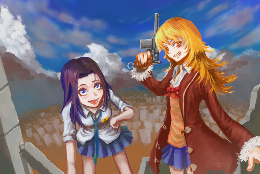 black_hair blonde_hair blue_eyes blue_skirt bow bowtie cloud coat coppelion four_organs grin gun hand_on_hip handgun looking_at_viewer looking_up miniskirt multiple_girls necktie open_mouth outdoors ozu_kanon ozu_shion pleated_skirt radiation_symbol red_eyes shirt short_sleeves siblings sisters skirt sky smile weapon white_shirt