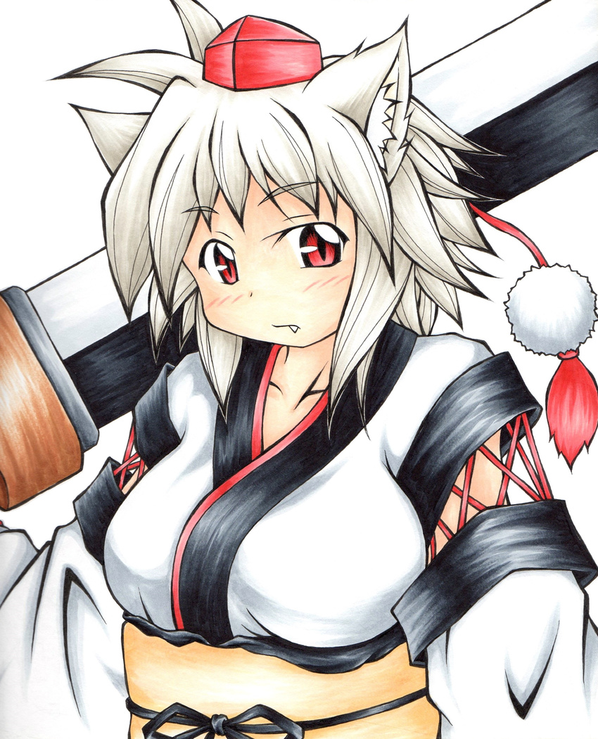 absurdres alternate_costume animal_ears blush breasts collarbone detached_sleeves dougi fang fang_out hat highres huge_weapon inte_(whitewolftail) inubashiri_momiji kourindou_tengu_costume large_breasts long_sleeves looking_at_viewer obi over_shoulder pom_pom_(clothes) red_eyes ribbon sash silver_hair slit_pupils solo sword sword_over_shoulder tokin_hat touhou traditional_media weapon weapon_over_shoulder wolf_ears