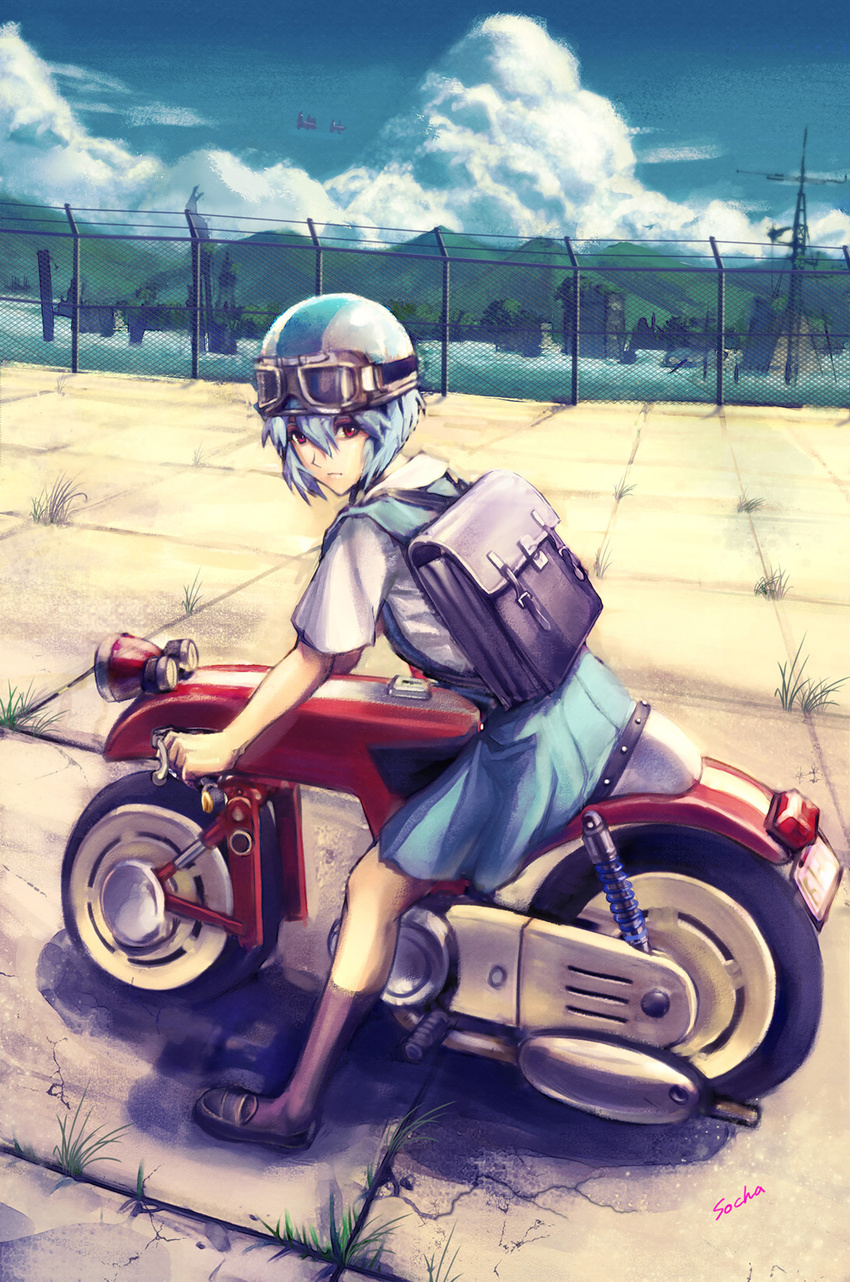 aircraft airplane artist_name ayanami_rei backpack bag blue_hair cloud creator_connection day fence goggles grass ground_vehicle helmet highres honneamise_no_tsubasa jet looking_at_viewer marty_tohn motor_vehicle motorcycle mountain neon_genesis_evangelion realistic red_eyes school_uniform science_fiction serafuku sky socha_(pixiv99744)