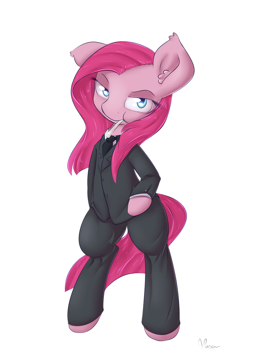 alasou alpha_channel bipedal blue_eyes clothing equine female friendship_is_magic fur hair half-closed_eyes horse looking_at_viewer mammal my_little_pony pink_fur pink_hair pinkamena_(mlp) pinkie_pie_(mlp) plain_background pony solo straight_hair suit transparent_background