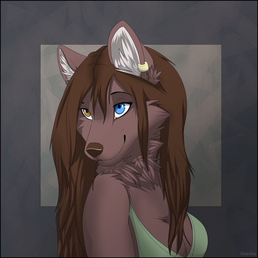 bra breasts brown_fur brown_hair brown_nose canine clothed clothing cute ear_piercing ears_up female fur gorsh_dolderan hair heterochromia keidran long_hair mammal natani piercing plain_background smile solo twokinds underwear wolf yellow_eye