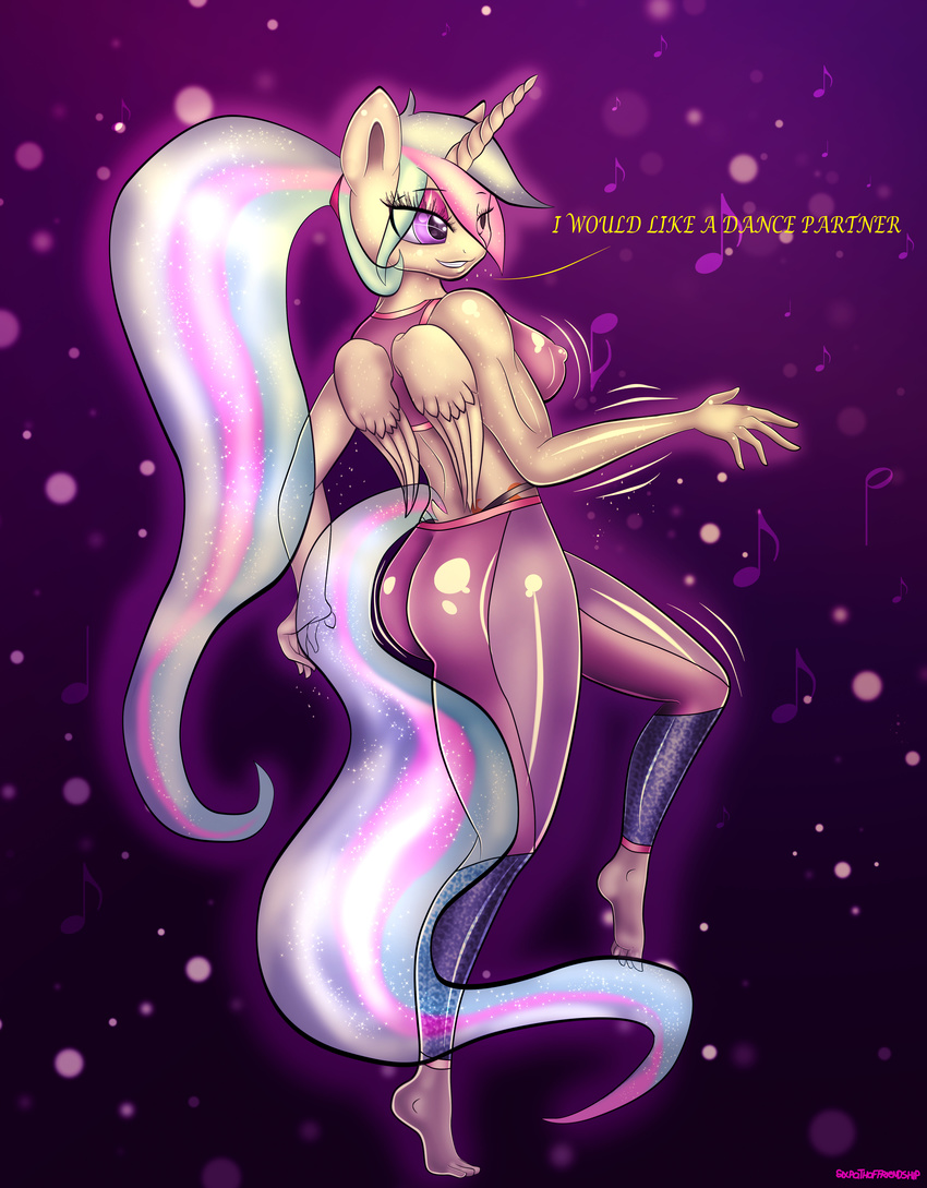 abstract_background absurd_res anthro anthrofied breasts butt clothing cutie_mark dancing dialog english_text equine erect_nipples eyeshadow female friendship_is_magic hair hi_res horn makeup mammal multi-colored_hair musical_note my_little_pony nipples panties ponytail princess_celestia_(mlp) purple_eyes purple_theme sixpathoffriendship solo sparkles text underwear winged_unicorn wings yoga_pants