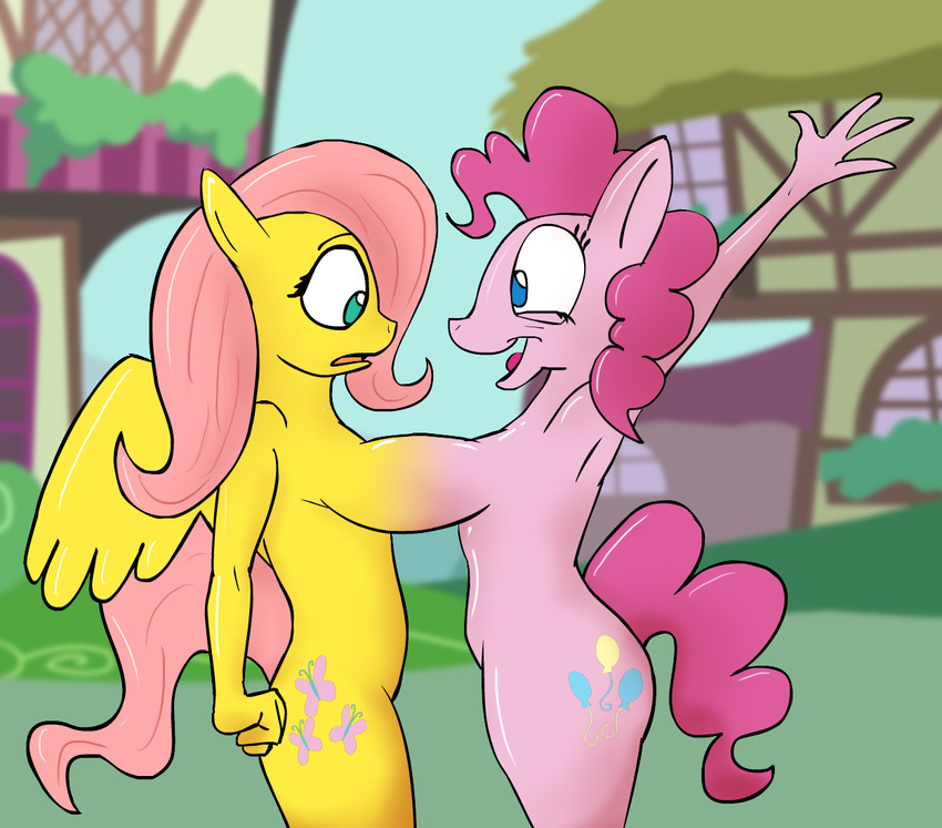 armpits blue_eyes building conjoined conjoinment cutie_mark equine female fluttershy_(mlp) friendship_is_magic hair horse mammal my_little_pony nude outside pegasus pink_hair pinkie_pie_(mlp) pony stuck_together theyton what_has_science_done wings