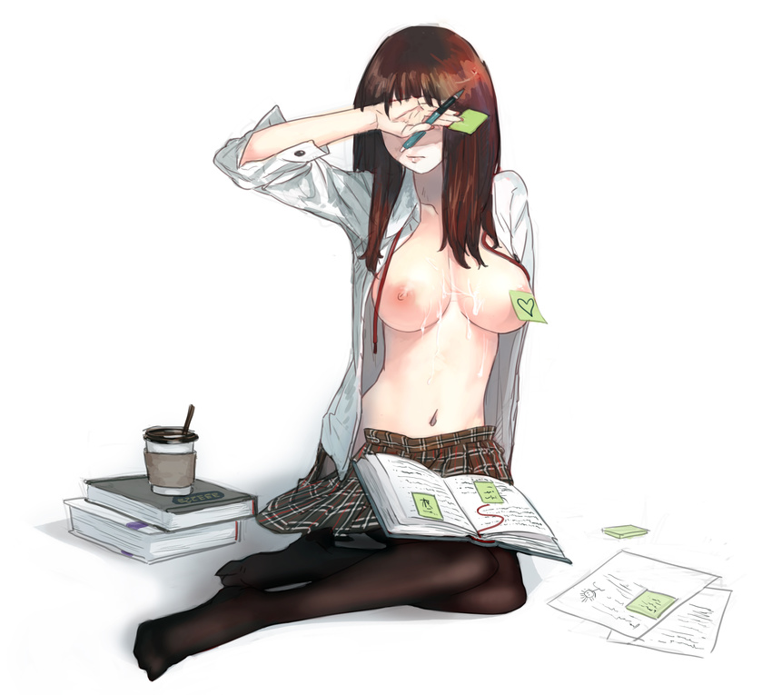 blush book breasts brown_hair coffee covering_eyes cum cum_on_body cum_on_breasts cum_on_upper_body dicorndl full_body highres large_breasts long_hair nipples no_bra open_clothes open_shirt original pantyhose paper pen plaid shirt skirt solo sticky_note sweat
