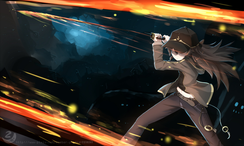 black_hair fire hat long_hair navel original sen_ya sword watermark weapon