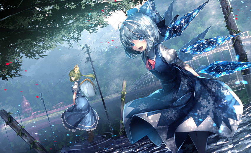 2girls blue_eyes blue_hair building cirno daiyousei dress green_eyes green_hair leaves long_hair petals ponytail ryosios short_hair touhou tree water wings