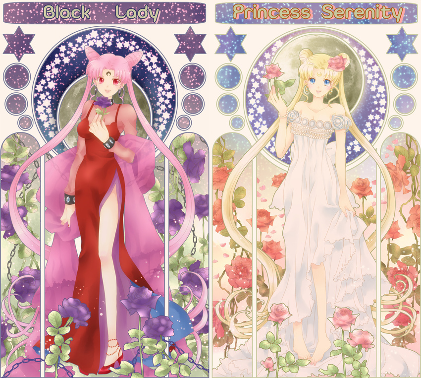 art_nouveau back_bow bare_shoulders barefoot bishoujo_senshi_sailor_moon black_lady blonde_hair blue_eyes bow breasts chain character_name chibi_usa cleavage crescent double_bun dress earrings facial_mark flower forehead_mark hair_flower hair_ornament hexagram high_heels highres jewelry large_breasts long_hair multiple_girls older pink_hair princess_serenity purple_flower purple_rose red_eyes red_flower red_rose rose see-through shawl side_slit smile strapless strapless_dress toni_(mato_yoh) tsukino_usagi twintails very_long_hair white_dress