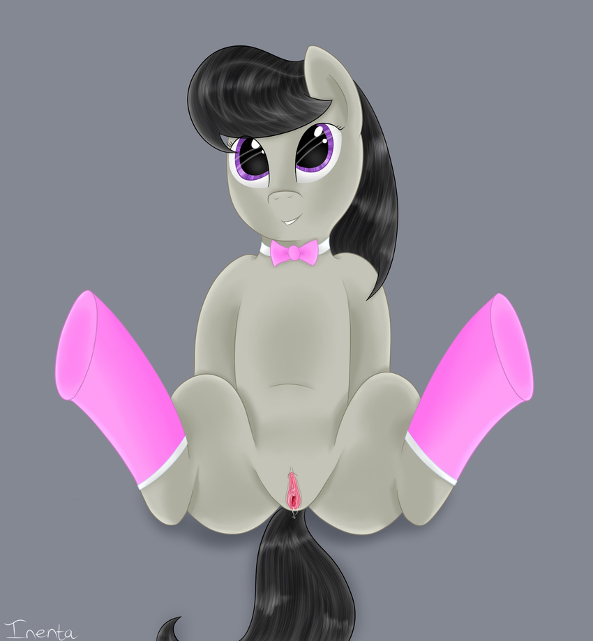 absurd_res bow_tie clitoris equine female friendship_is_magic fur gaping gaping_pussy grey_fur hair hi_res hooves horse inenta legwear looking_at_viewer mammal my_little_pony octavia_(mlp) pony presenting purple_eyes pussy sitting smile solo spread_legs spreading stockings