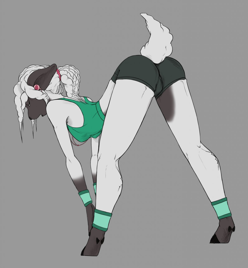 angela_rhodes anthro back_turned bent_over butt caprine clothed clothing female from_behind hooves jewelry mammal plain_background schitzofox sheep solo stretching sweat_band