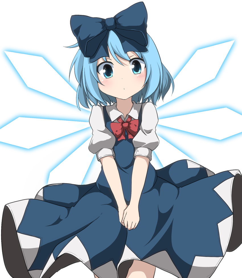 alternate_hairstyle blue_dress blue_hair bow cirno do_(4-rt) dress hair_bow highres ice ice_wings looking_at_viewer puffy_short_sleeves puffy_sleeves shirt short_sleeves simple_background solo touhou v_arms white_background wings