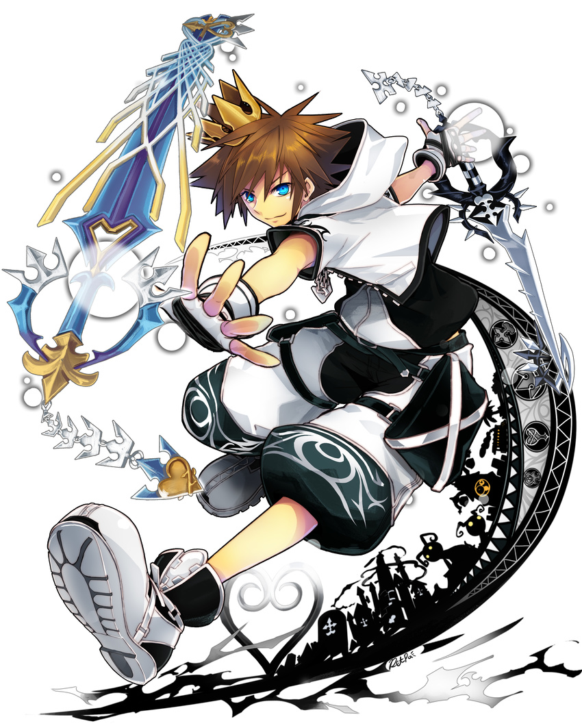 absurdres alternate_form aura belt blue_eyes brown_hair crown dual_wielding heartless highres holding hood hoodie jewelry keyblade keychain kingdom_hearts kingdom_hearts_ii looking_at_viewer male_focus mini_crown necklace retpa smile solo sora_(kingdom_hearts) spiked_hair zipper