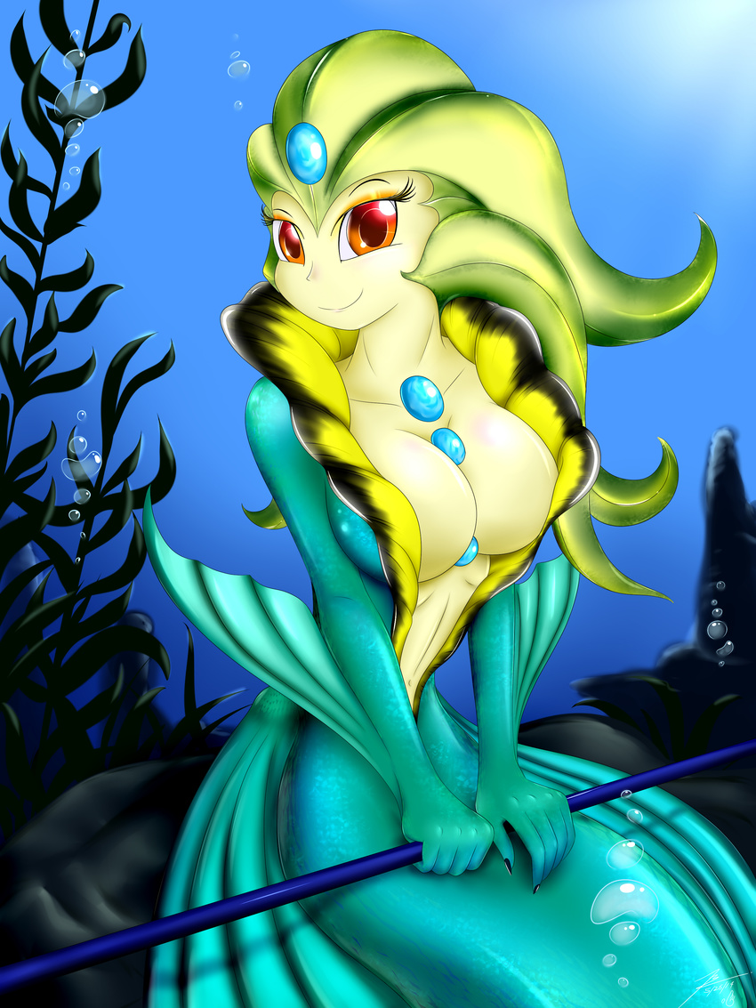 amber_eyes blue_scales blumagpie breasts bubble cleavage clothed clothing eyeshadow female gem hi_res league_of_legends long_nails looking_at_viewer makeup mermaid nami_(league_of_legends) navel polearm red_eyes rock seaweed sitting solo spear underwater water