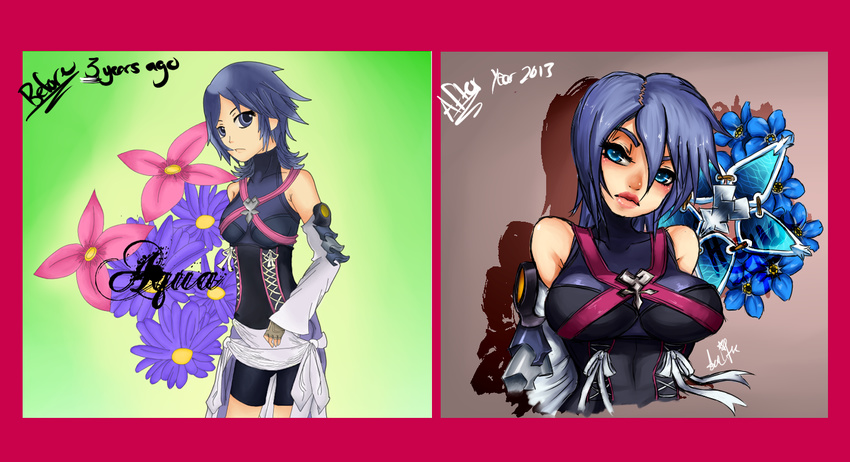 2013 aqua_(kingdom_hearts) artist_progress aundre_thompson bare_shoulders blue_eyes blue_hair breasts character_name commentary covered_navel dated expressionless fingerless_gloves flower gloves head_tilt kingdom_hearts kingdom_hearts_birth_by_sleep large_breasts lips looking_at_viewer shadow signature skin_tight solo upper_body