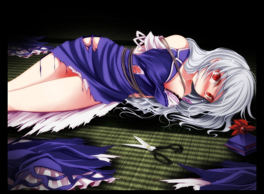 bad_id bad_pixiv_id bdsm bondage bound bra breasts cleavage cleave_gag cloth_gag defeat gag gagged hat hat_removed headwear_removed highres improvised_gag kamishirasawa_keine long_hair medium_breasts red_eyes rope s-syogo scissors silver_hair solo torn_clothes touhou underwear