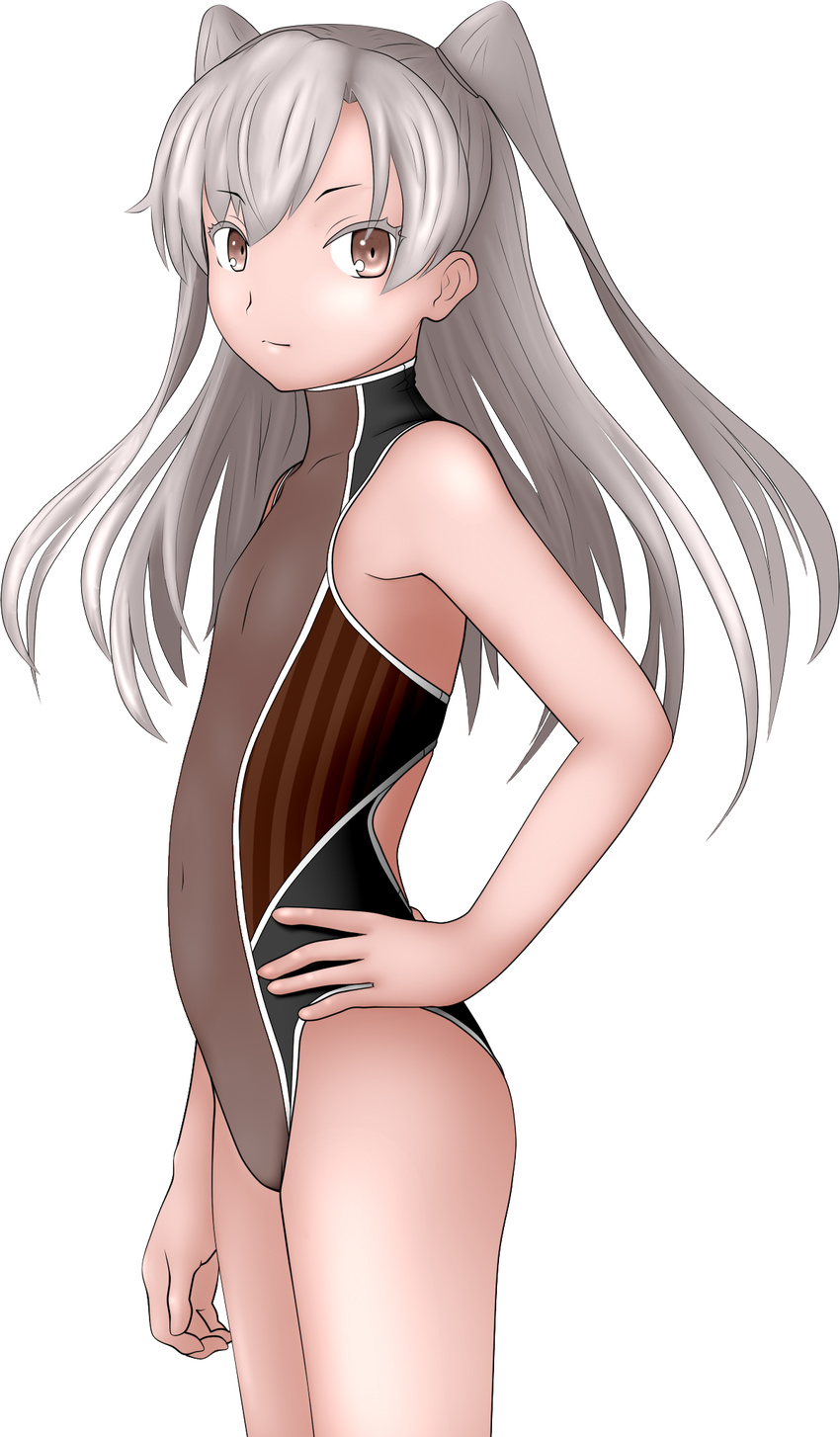 alternate_costume amatsukaze_(kantai_collection) brown_eyes competition_swimsuit flat_chest hands_on_hips highres kantai_collection long_hair one-piece_swimsuit silver_hair solo swimsuit turtleneck two_side_up zero_(oilpone66)