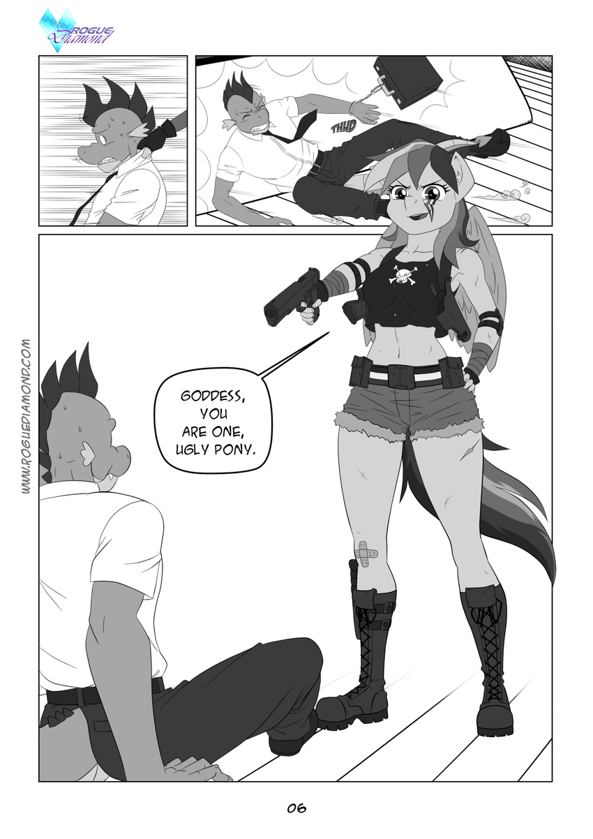 anthro anthrofied band-aid belt black_and_white boots clothing comic dialog dragon duo elbow_pads english_text equine fangs female friendship_is_magic gloves greyscale gun hair handgun knife male mammal monochrome multi-colored_hair my_little_pony navel necktie pegasus pia-sama rainbow_dash_(mlp) ranged_weapon ship shorts skull spike_(mlp) suitcase sweat text weapon wings