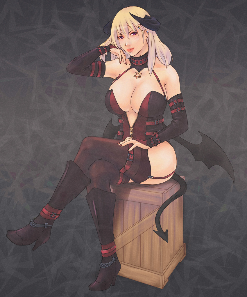 alva bat_wings boots breasts crossed_legs curvy demon_girl garters highres horns large_breasts original purple_eyes sitting solo tail thighhighs white_hair wings zipper