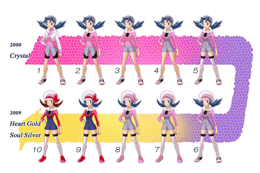2009 2girls bike_shorts blue_hair brown_hair cabbie_hat commentary_request comparison crystal_(pokemon) evolution hat hat_ribbon kotone_(pokemon) multiple_girls otsukare overalls pokemon pokemon_(game) pokemon_gsc pokemon_hgss red_ribbon ribbon shoes short_twintails sneakers thighhighs twintails zettai_ryouiki