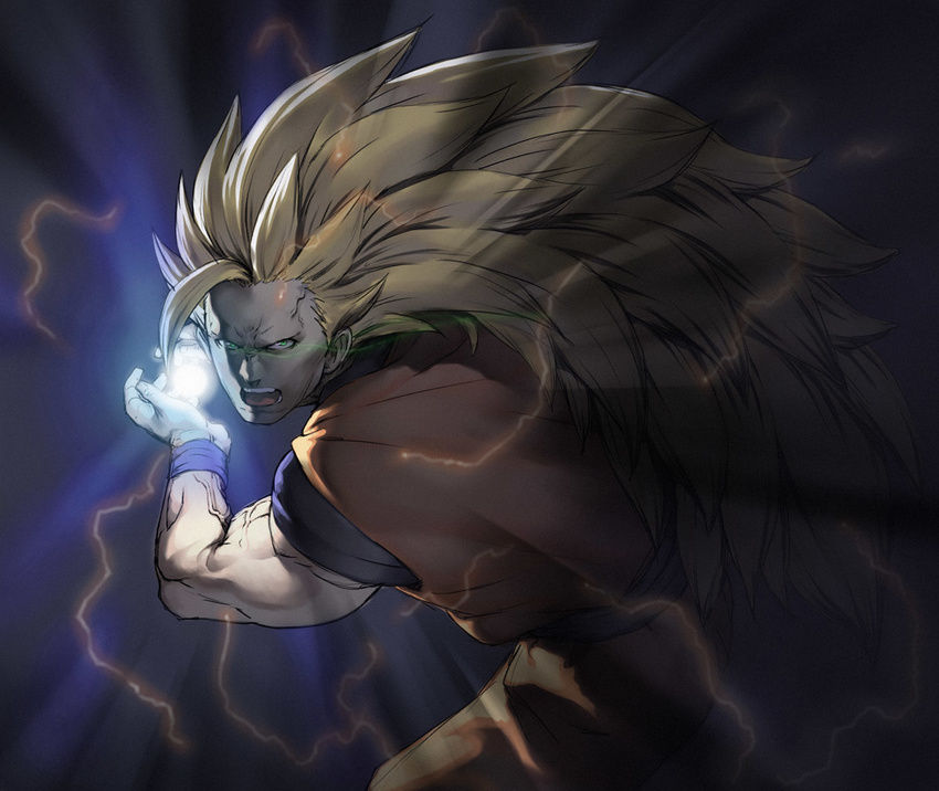 aura blonde_hair cozy dragon_ball dragon_ball_z energy_ball green_eyes kamehameha long_hair male_focus solo son_gokuu super_saiyan super_saiyan_3 very_long_hair wristband