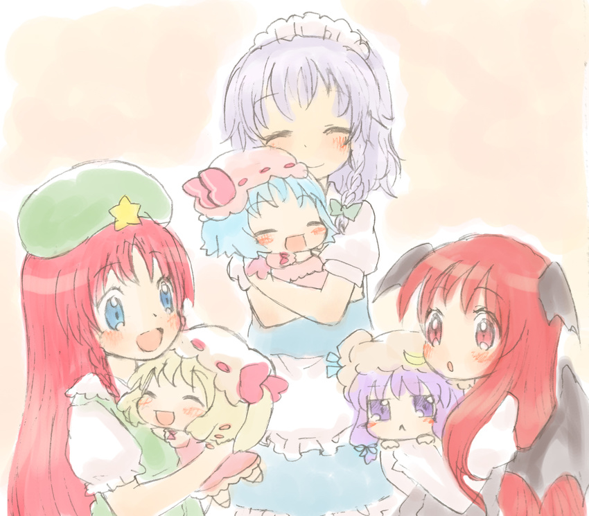 :&lt; :d :o ^_^ baby bad_id bad_pixiv_id bat_wings blonde_hair blue_eyes blue_hair blush blush_stickers bow braid chibi closed_eyes crescent flandre_scarlet happy hat hat_bow head_wings hong_meiling hug izayoi_sakuya koakuma long_hair maid maid_headdress multiple_girls one_side_up open_mouth patchouli_knowledge ponytail purple_eyes purple_hair red_eyes red_hair remilia_scarlet rias-shiki_kawaii short_hair silver_hair smile touhou twin_braids wings younger