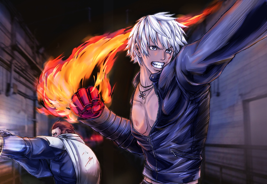 angry battle blood brown_hair cape choker_(pixiv) cross fire grey_eyes jacket k' leather leather_jacket male_focus maxima multiple_boys muscle pyrokinesis shoulder_pads the_king_of_fighters white_hair