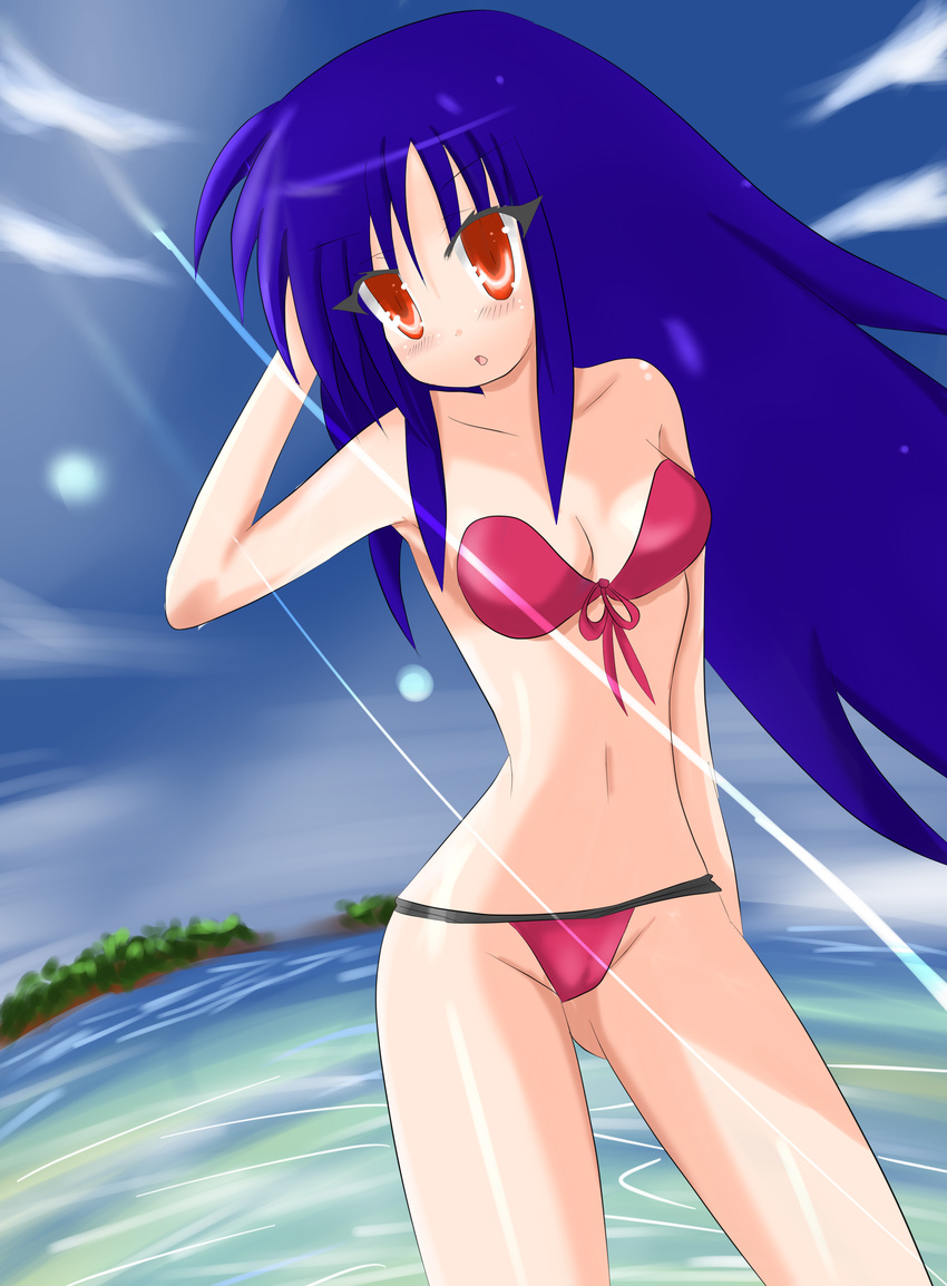 :o absurdres bandeau bikini blue_hair blush breasts cleavage day embarrassed eyelashes front-tie_top highres isaiah441570 light_rays long_hair medium_breasts open_mouth outdoors sky solo standing sunbeam sunlight swimsuit very_long_hair water wide_hips