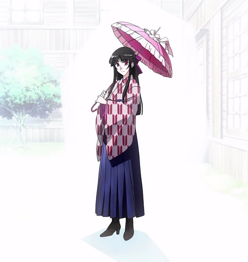 arashiyama_sayoko bangs black_hair blunt_bangs hakama highres japanese_clothes kimono long_hair meiji_schoolgirl_uniform natsu_no_arashi! purple_hakama red_eyes screencap solo stitched third-party_edit umbrella yagasuri