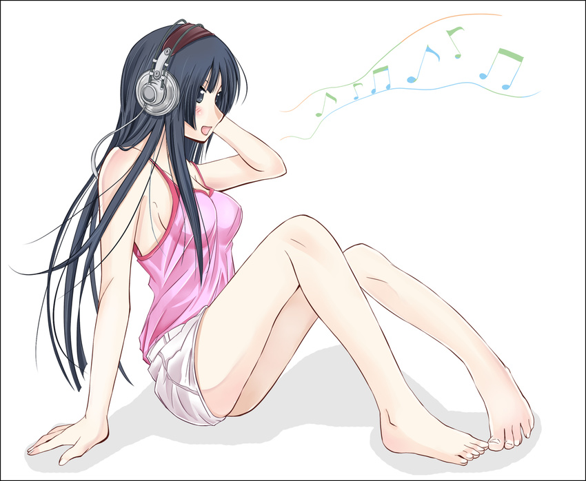 akg akiyama_mio arm_support bangs barefoot black_eyes black_hair blunt_bangs blush breasts headphones hime_cut k-on! large_breasts legs long_hair musical_note short_shorts shorts sideboob sitting sk_(buta) smile solo tank_top