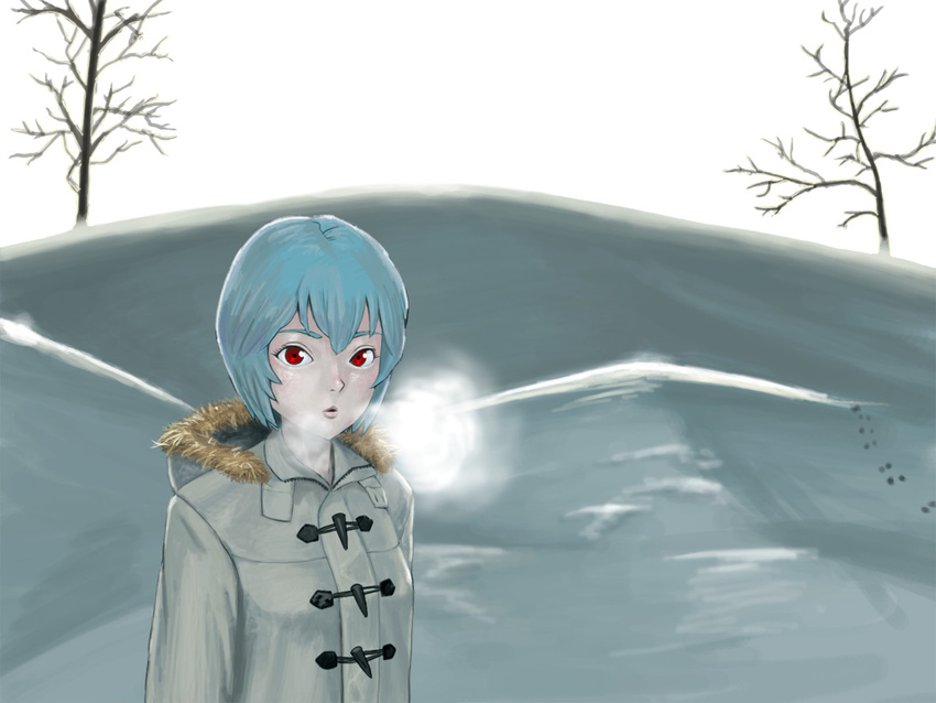 ayanami_rei bad_id bad_pixiv_id blue_hair breath coat cold hac9 neon_genesis_evangelion red_eyes short_hair snow solo toggles tree