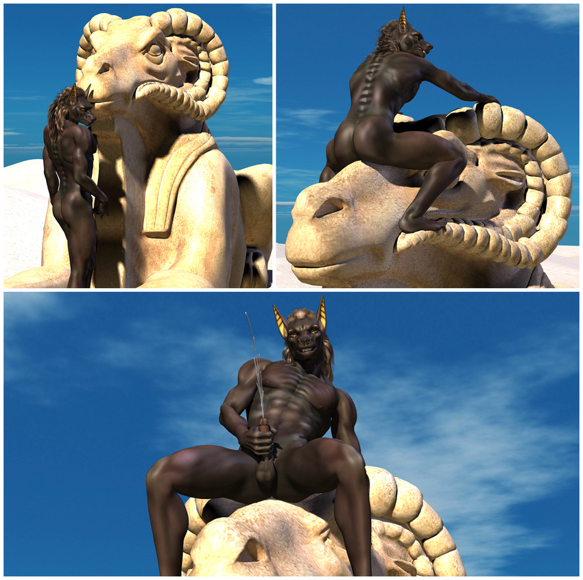 anthro anubian_jackal anubis balls butt canine cgi cum cumshot deity egyptian hair human_feet jackal long_hair male mammal masturbation muscles nude orgasm outside penis sculpture sky solo source_request sphinx statue wookiee_(artist)