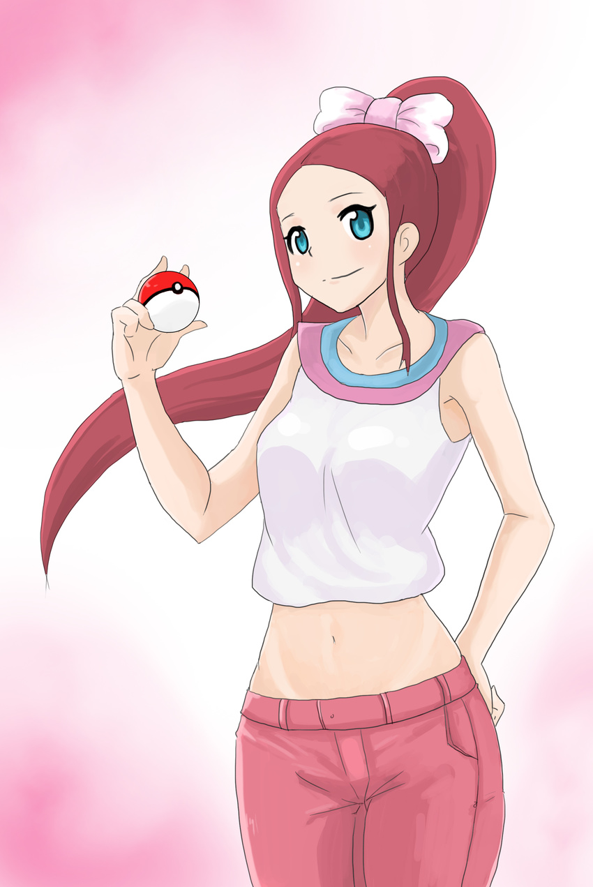absurdres armpits bare_shoulders belt blue_eyes blush breasts collarbone denim ears high_ponytail highres jeans long_hair looking_at_viewer midriff navel nintendo pants pink_hair poke_ball pokemon pokemon_(anime) pokemon_(game) pokemon_xy ponytail premiere_(pokemon) red_hair ribbon shiny small_breasts smile very_high_resolution