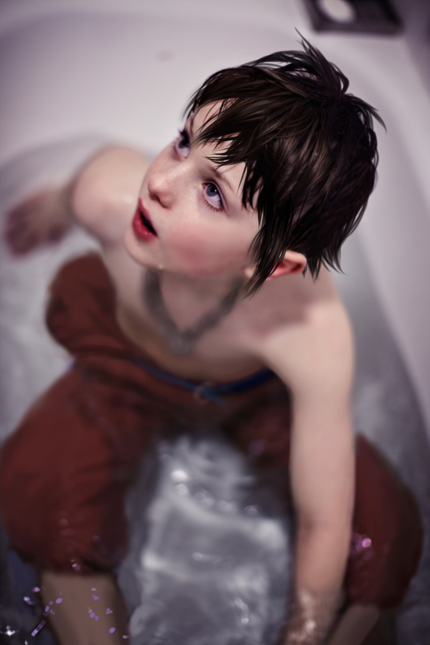 absurdres bad_id bad_pixiv_id bathtub blue_eyes blurry brown_hair depth_of_field from_above highres jewelry kingdom_hearts lips male_focus necklace new_race open_mouth realistic shirtless sitting solo sora_(kingdom_hearts) source_request third-party_edit water