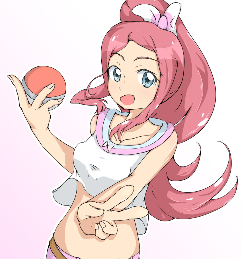 bare_shoulders belt blue_eyes blush breasts denim high_ponytail jeans long_hair looking_at_viewer midriff navel nintendo pants pink_hair poke_ball pokemon pokemon_(anime) pokemon_(game) pokemon_xy ponytail premiere_(pokemon) red_hair ribbon small_breasts smile