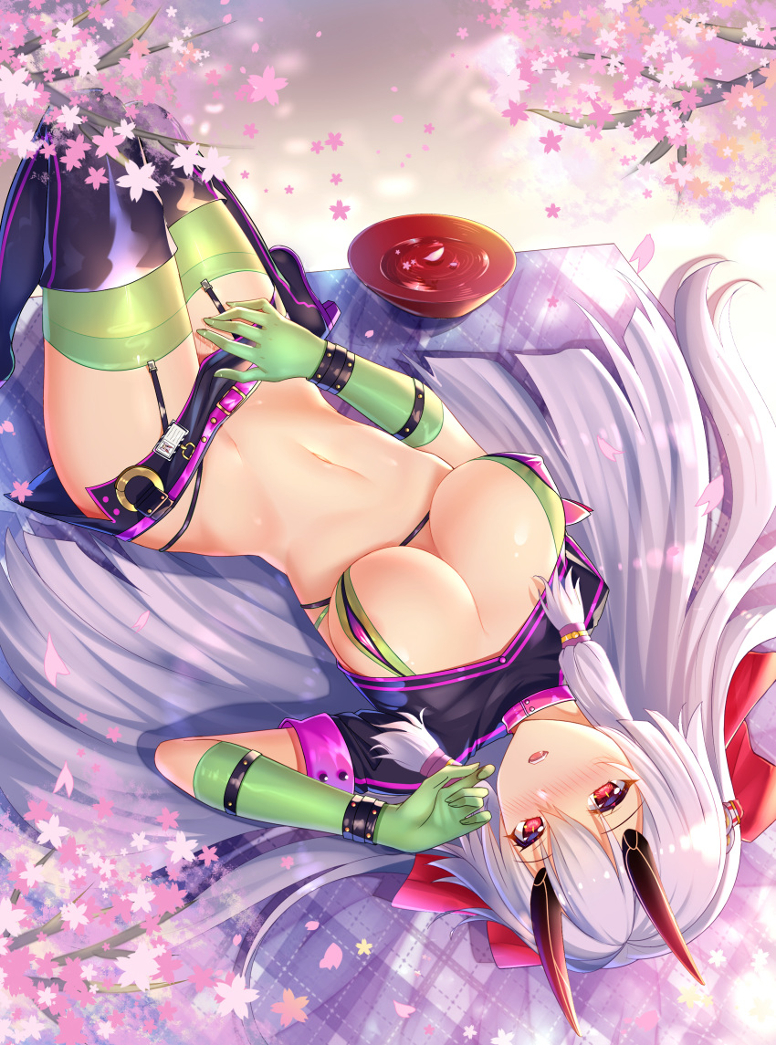 1girl absurdres bikini blush boots breasts cosplay erect_nipples fate/grand_order fate_(series) florence_nightingale_(fate/grand_order) florence_nightingale_(fate/grand_order)_(cosplay) garter_straps gloves green_gloves green_legwear grey_hair hair_between_eyes heishan highres large_breasts long_hair looking_at_viewer miniskirt navel open_mouth ponytail pussy_juice red_eyes skirt slit_pupils solo swimsuit thigh_boots thighhighs tomoe_gozen_(fate/grand_order) trick_or_treatment