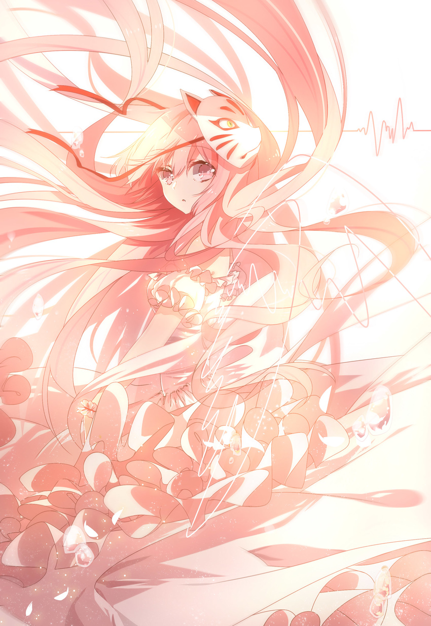 3000_xiao_chun absurdres bow dress expressionless face_mask fox_mask frilled_dress frills hata_no_kokoro highres long_hair looking_at_viewer mask pink_eyes pink_hair puffy_short_sleeves puffy_sleeves short_sleeves solo touhou transparent_wings very_long_hair wedding_dress wrist_cuffs