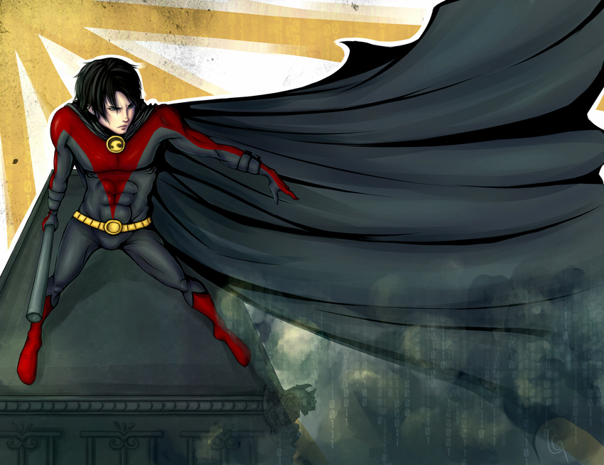 1boy batman_(series) black_hair blue_eyes bodysuit boots cape dc_comics gargoyle gloves highres male male_focus pole red_robin solo staff standing tim_drake weapon