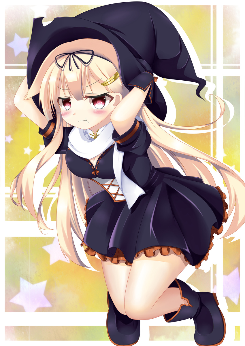 :t absurdres adapted_costume black_dress black_gloves breasts cleavage dress full_body gloves green_background hair_ornament hairclip hat highres kantai_collection long_hair medium_breasts peta_(taleslove596) pout red_eyes remodel_(kantai_collection) scarf simple_background sleeve_cuffs solo squatting star witch_hat yuudachi_(kantai_collection)