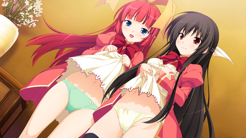 2girls black_hair endless_dungeon game_cg kinta_(distortion) long_hair navel panties red_hair rosebleu skirt skirt_lift underwear vel_thane von_therme