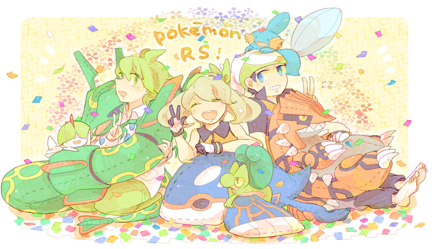 2boys bandana black_hair blue_eyes brown_hair copyright_name gen_3_pokemon gloves green_eyes green_hair groudon haruka_(pokemon) hat katiko kyogre mitsuru_(pokemon) mudkip multiple_boys open_mouth pants pokemon pokemon_(creature) pokemon_(game) pokemon_emerald pokemon_rse ralts rayquaza shirt short_hair short_sleeves sleeveless smile treecko wing_collar yuuki_(pokemon)