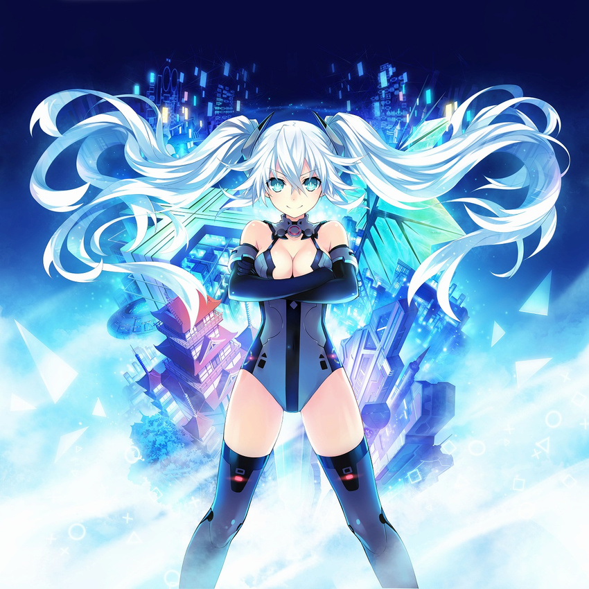 &gt;:) aqua_eyes bangs bare_shoulders black_gloves black_heart breasts building chou_megami_shinkou_noire_gekishin_black_heart circle cityscape cleavage cleavage_cutout crossed_arms elbow_gloves floating_hair gloves glowing grey_legwear gunbuster_pose hair_between_eyes halterneck highres kami_jigen_game_neptune_v leotard light_particles light_smile long_hair looking_at_viewer magical_girl medium_breasts neptune_(series) official_art power_symbol skyscraper smile solo square standing symbol-shaped_pupils thighhighs triangle tsunako turtleneck twintails v-shaped_eyebrows very_long_hair white_hair
