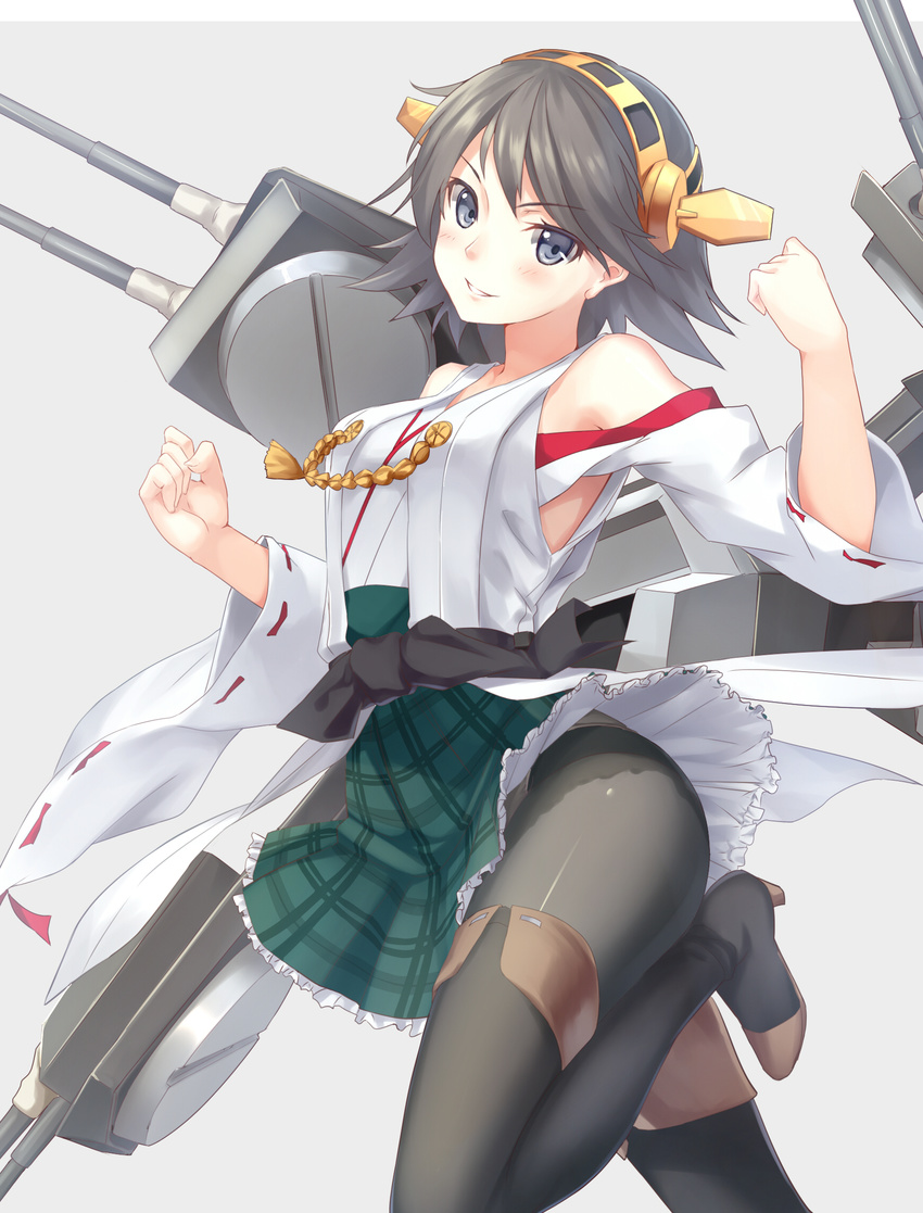 bare_shoulders black_legwear boots breasts brown_hair cannon detached_sleeves grey_eyes hair_ornament hairband headgear hiei_(kantai_collection) high_heels highres japanese_clothes kantai_collection medium_breasts nontraditional_miko panties panties_under_pantyhose pantyhose plaid short_hair skirt smile thigh_boots thighhighs turret underwear white_panties zi_se