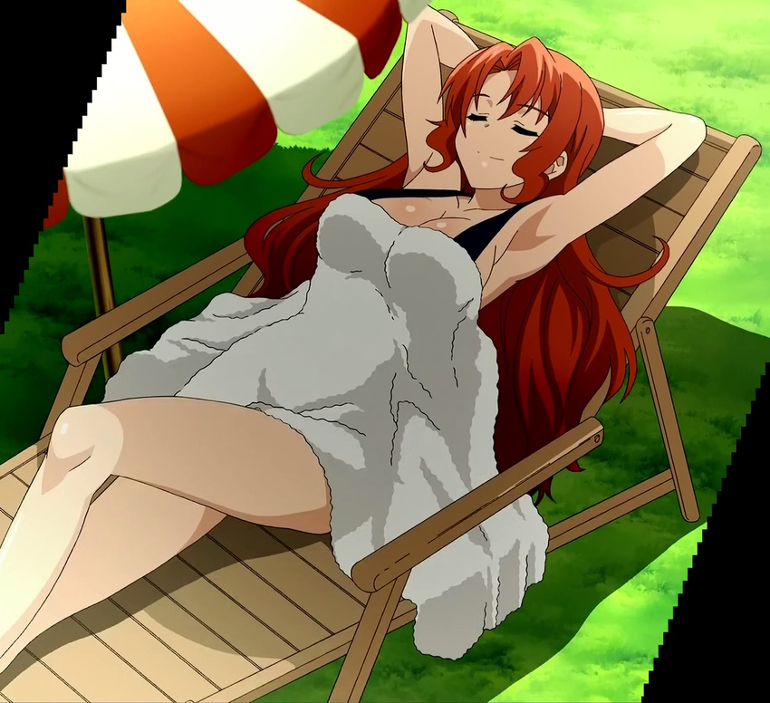 eyes_closed long_hair rebecca_randall red_hair screencap seikoku_no_dragonar sunbathing towel