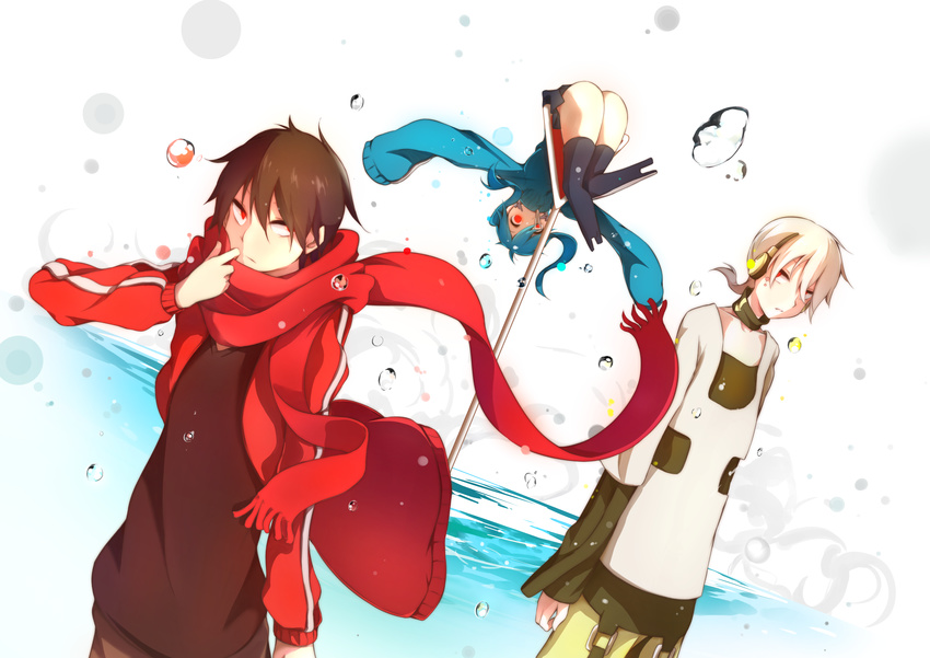 2boys absurdres blue_hair brown_hair bubble ene_(kagerou_project) headphones highres kagerou_project kisaragi_shintarou konoha_(kagerou_project) long_hair multiple_boys pachi_(sugiyama0306) red_eyes road_sign scarf short_hair short_ponytail sign twintails white_hair