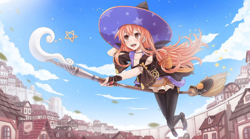 :d atelier_(series) atelier_escha_&amp;_logy black_gloves black_legwear blush bread bridal_gauntlets broom broom_riding brown_eyes cloud collarbone day flying food full_body gloves hat high_heels highres holding house jewelry long_hair necklace open_mouth outdoors pantyhose pentacle pentagram pink_hair print_hat shoes sign sky smile solo star star_print sunimu very_long_hair wilbell_voll=erslied window witch witch_hat